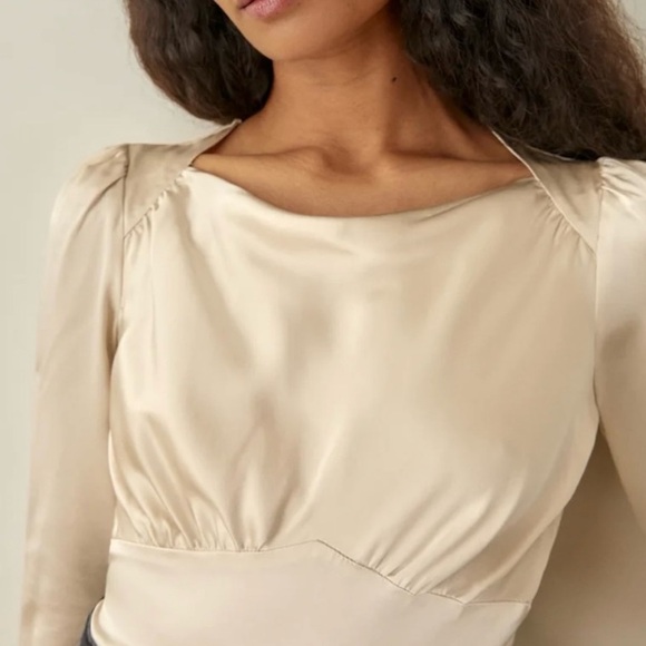 Reformation 100% Silk Jason Long-Sleeve Top Size 2 Cream Elegant Tie Detail Chic - Picture 3 of 13